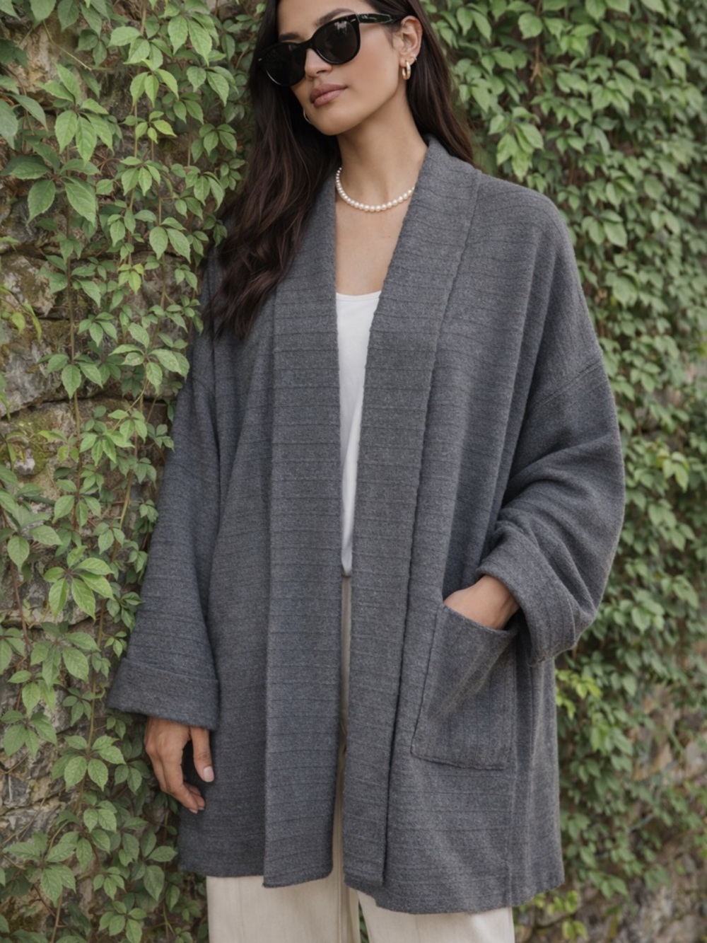 VINTAGE KANAE Luxury Minimalist OversizedTextured Gray Wool Cardigan, M - Picture 2 of 10
